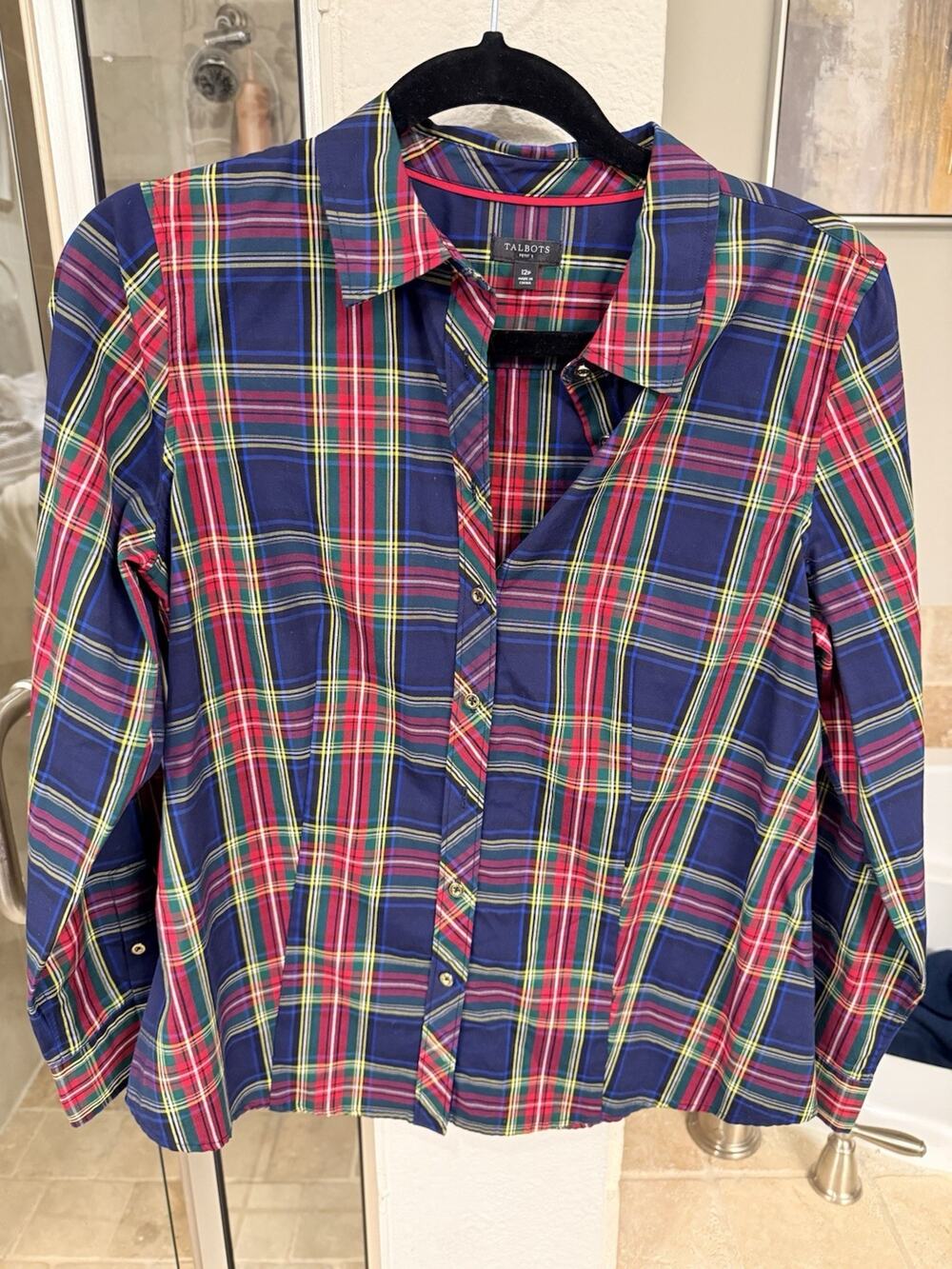 Talbots Petite 12P Plaid Button Front Shirt Womens Red Blue Green Tartan Stretch